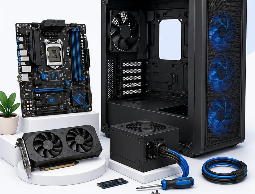 Gabinete, motherboard, placa de video y fuente listos para armar