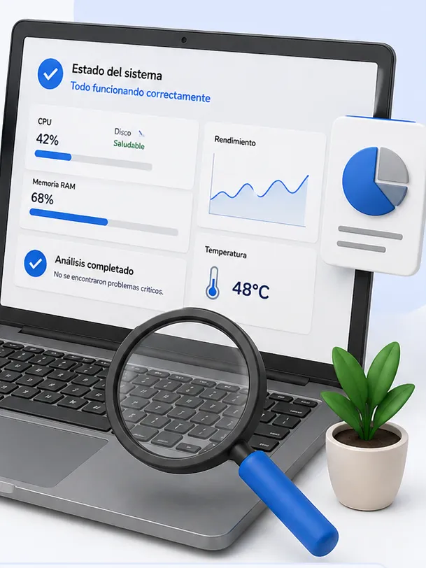 Notebook con un informe de diagnóstico en pantalla y una lupa