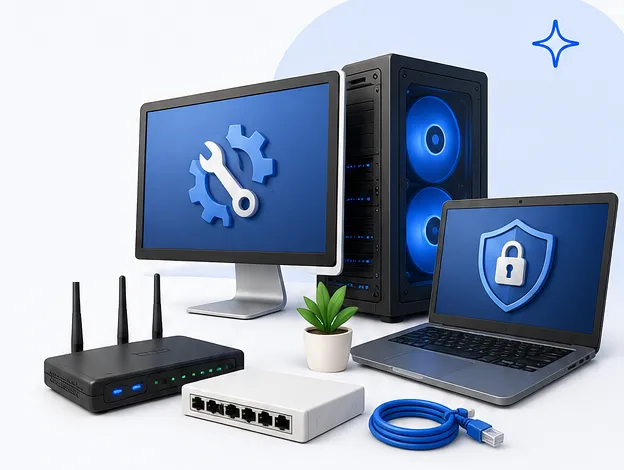 Router, switch, monitor, PC y notebook de una oficina