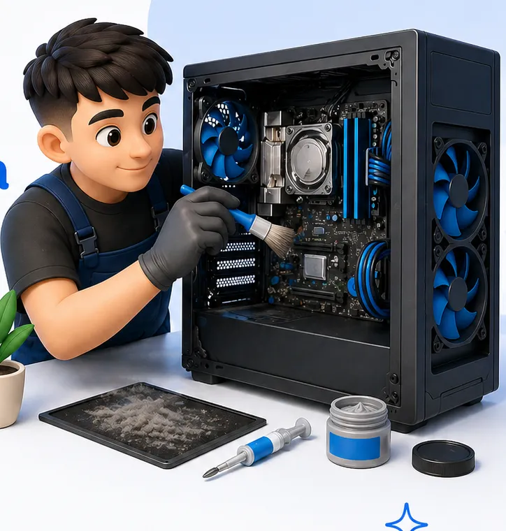 Técnico de Serviceros limpiando el interior de una PC con un pincel
