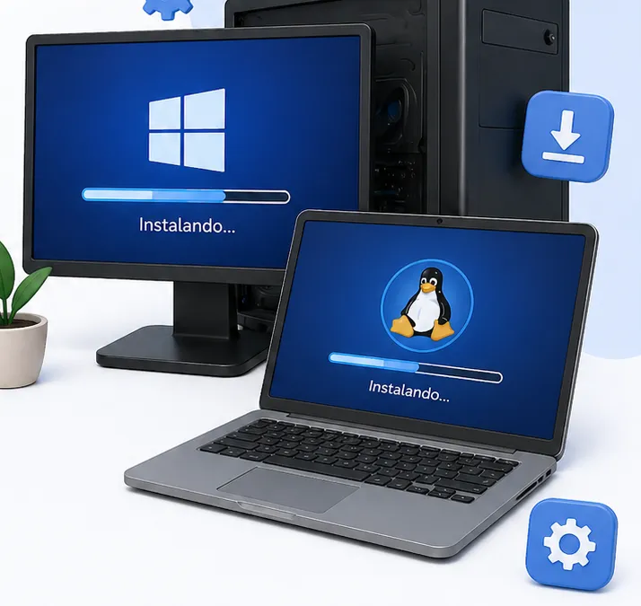 Monitor y notebook instalando Windows y Linux
